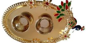 Small Metal Peacock Pooja Thali Set with Two Small Bowl