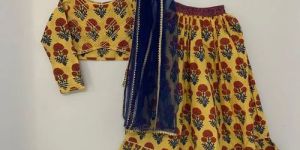 Yellow Printed Full Sleeves Kids Ghagra Choli