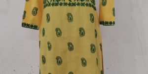 Yellow Cotton Embroidered Kurti