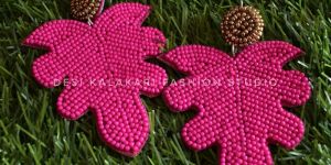 Beaded Pink Leaf Earrings