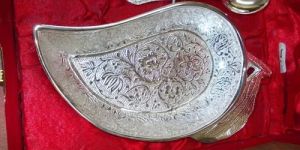 Silver Plated Mango Shaped Plate with Spoon