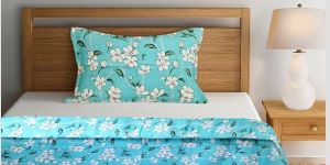 Sky Blue & Off-White Floral Flat 320 TC Cotton Double Bed Bedsheet