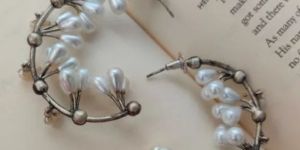 Silver Toned Pearl Hoop Earrings