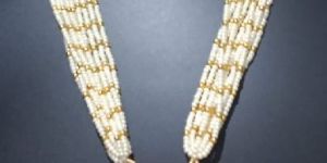 Ten Layered White Beads Golden Earrings Pendant Necklace Set