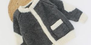 Handknitted Boys Cardigan in Grey Color with Contrast Ribbed Border
