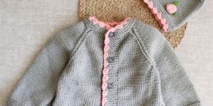 Handknitted Cardigan with Matching Cap and Floral Appliques