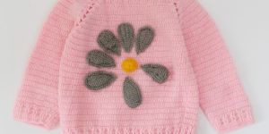 Woonie Crochet Sweater with Raglan Sleeves and Flower Applique