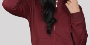 Women Maroon Plain Hooded Sweatshirt