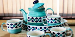 Turquoise Checkered Hand Painted Ceramic Tea Set