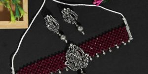 Rani Color Choker Oxidised Temple Necklace Set