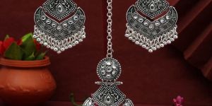 Silver Oxidised Earrings Tikka Set