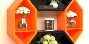 Wooden Pared Hexagon Floating Wall Shelf