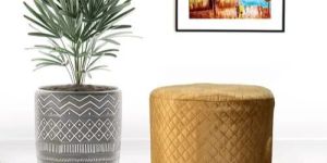 Yellow Wooden Round Ottoman