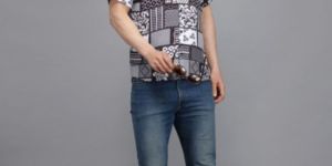 Men Short Sleeve Black Flower Box Printed Shirt