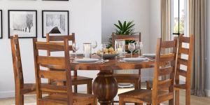 Round Solid Wood 6 Seater Dining Table Set