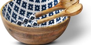 Wooden Round Salad Bowl Set with Server
