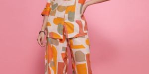 Ladies White Cotton Blend Printed Co-Ord Set