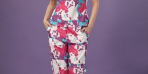 Ladies White Cotton Lycra Digital Printed Co-Ord Set