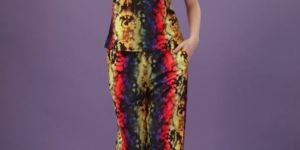 Ladies Yellow Cotton Lycra Digital Printed Co-Ord Set