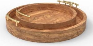 Wooden Serving Tray Set of 2 with Iron Handle