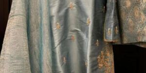 Raw Silk Cadet Blue Colour Shirt with Zardosi Work on Neck Sleeves and Chaak with Crushed Tissue Dup