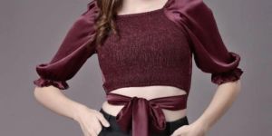 Wine Satin Smocked Top