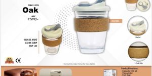 Round Oak Glass Mug Cork Grip Flip Lid