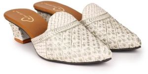 the Desi Dulhan Women White Ethnic Embellished Heel Mules with Resin Sole
