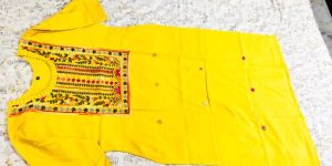 Yellow Cotton Embroidered Kurti