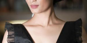 Raw Silk Square Neck Blouse with Gold Band and Ruffle Sleeves