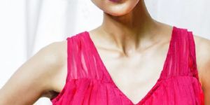 Red V Neck Sleeveless Blouse with Gathered Net