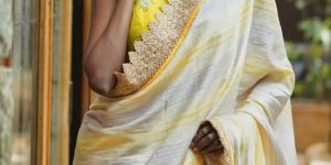 Striped Cotton Saree with Gold Lace Border