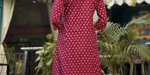 Maroon Printed Cotton a Line Kurti Plazo Set