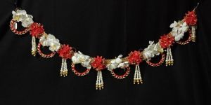 Red and White Floral Toran with Pearl Tassels