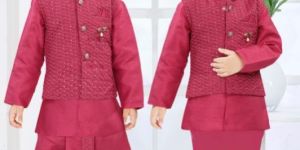 0-2 Years Boys Rani Color Dhoti Kurta Combo Set