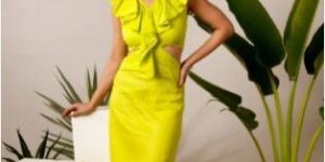 Side waist cut-out ruffle neck midi dress