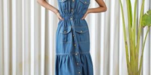Sleeveless Blue Collared Tier Shirt Maxi Dress