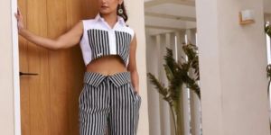 Stripped Pocket Cropped Pants Shirt Set