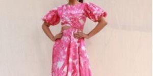 Waist cut-out pink palm print midi dress
