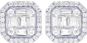 White Gold 10k Round and Baguette Diamond Earrings