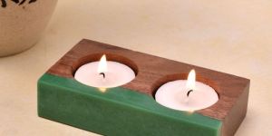 Twin Tea Light Made of Wood Filled with Green Colored Resin