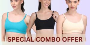 Padded Kuki Sports Bra Thin Strap in Combo Pack of 3 Colour (Skin ,Sky Blue, Black)