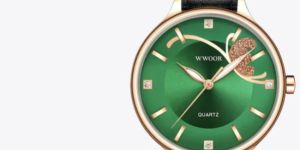 Green Dial Black Strap Leather Watch