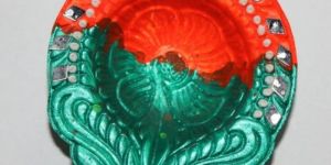 7 Inch Green and Red Decorative Diya