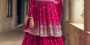 Pink Embroidered Georgette Gharara Suit