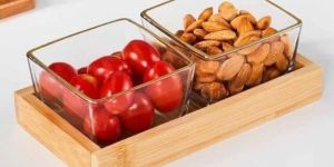Wooden Tray with Square Glass Bowls