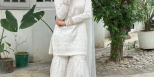 Ladies White Cotton Embroidered Sharara Suit