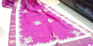 Block Printed Zari Border Tussar Silk Saree