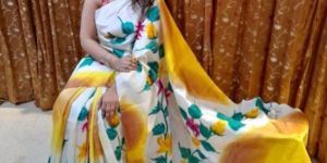 Hand Brush Painted Katan Silk Saree