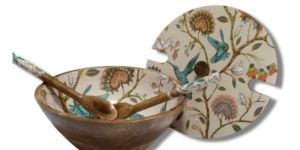 WOODEN ENAMEL BOWL WITH SERVER